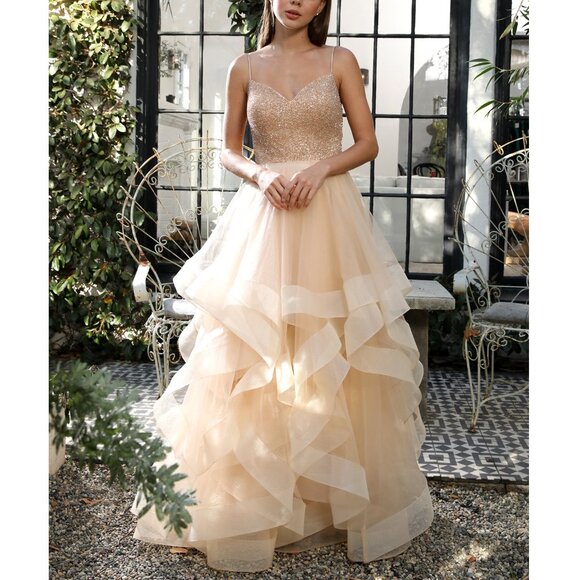 Champagne Sequin Beaded Sweetheart Neckline Tulle Formal Prom Evening Dress 14 - Picture 1 of 8